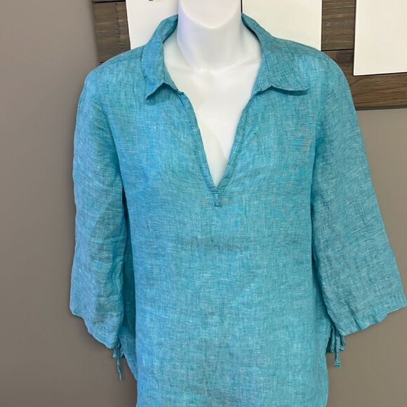 Isaac Mizrahi New York Turquoise V-Neck Linen Pullover Collared Shirt- Small - Picture 4 of 15
